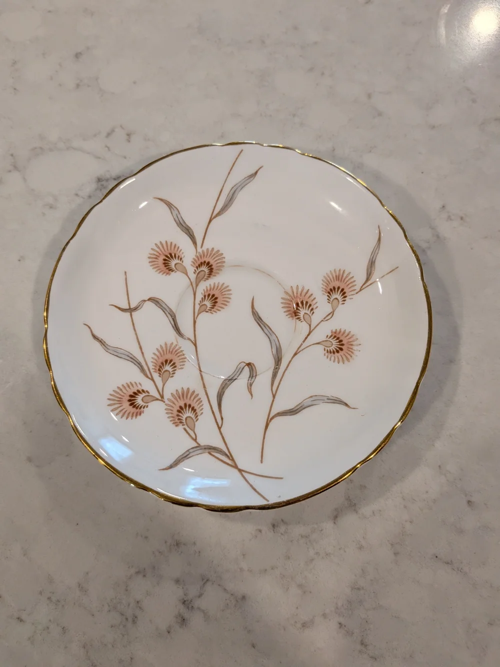 Pink Interior Porcelain Teacup and Saucer with Gold Floral Trim Differen Maker